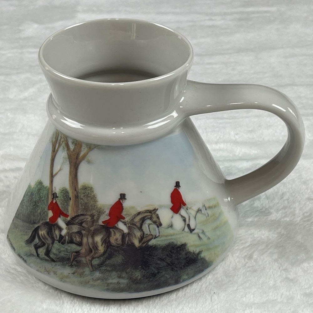 Otagiri Japan Vintage Fox Hunt Spill‎ Proof Ceramic Travel Mug No Tip White MCM